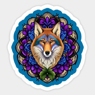 A Coyote Surrounded By A Wreath Of Pasque Flower Tattoo Art Sticker